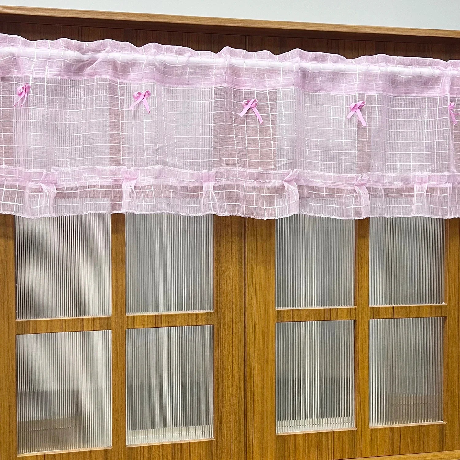 Pink Short Plaid Sheer Tulle Curtains lWindow Screens Voile Drapes Home Decor