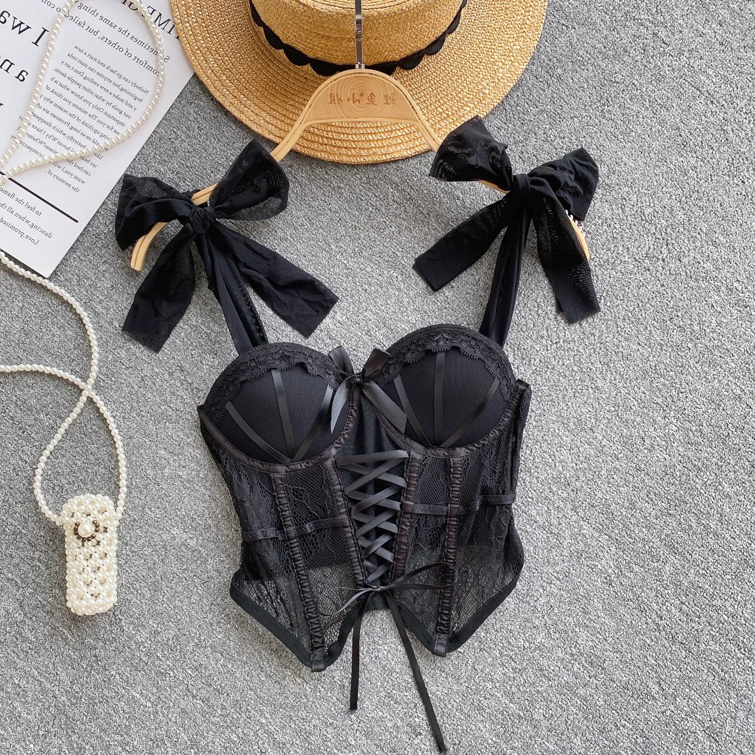 Spaghetti Strap Tank Top for Women Strapless Build in Bra Lace Patchwrok Tulle Bow Camis Summer Casual Female Camisoles