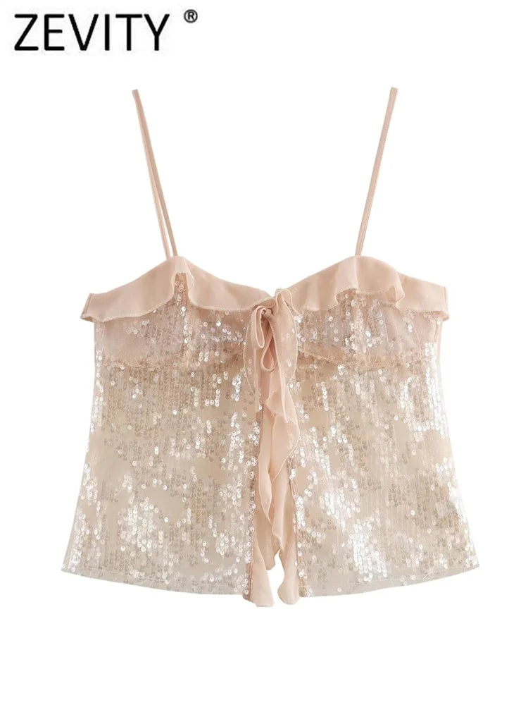 Women Chic Pleat Ruffles Sequined Design Chiffon Sling Camis Tank Lady Backless Short Crop Shirt Blouse Tops