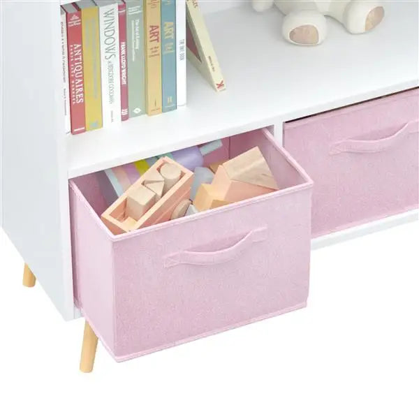 Kids Bookcase with Collapsible Fabric Drawers, Children's Book Display, Toy Storage Cabinet Organizer, White/Pink