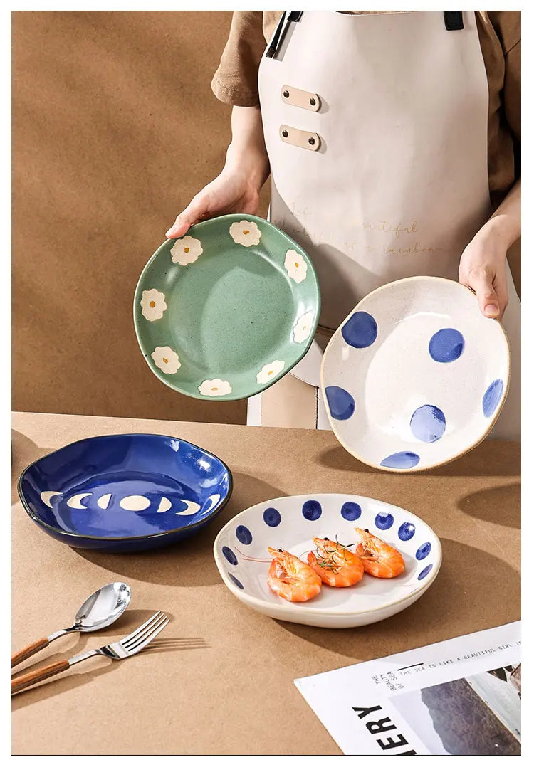 Vintage Hand Painted Dots Daisy Pottery Deep Plates Creative Moon Star Steak Flat Plate Handmade Salad Dinner Dishes