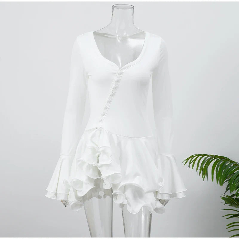 Pink Flare Sleeve Ruffle Pleated Mini Dress Women's Irregular Deep V-neck Buttons A-line Gowns