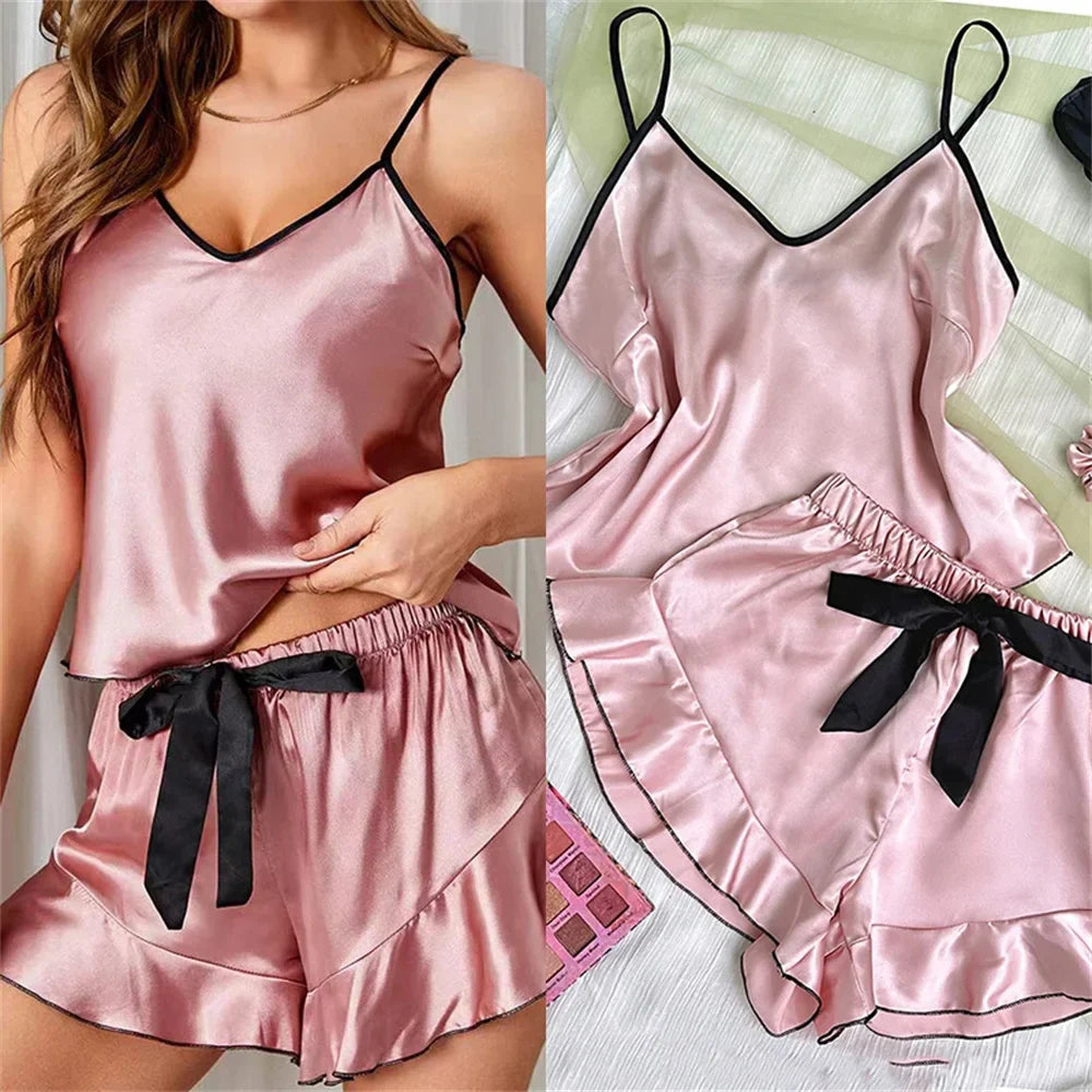 Women's Smooth Satin Pajamas V-Neck T-Shirt Ruffled Edges And Bow Shorts Simple And Breathable Pajama Set