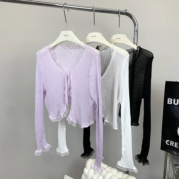 Lace Knitted Cardigans Long Sleeved Short Lace-Up Thin Shawl
