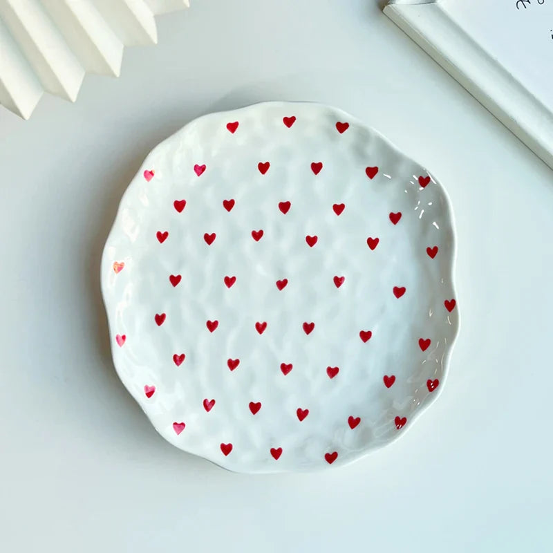 Red Hearts Ceramic Hand-Made Irregular Shaped Porcelain Plates