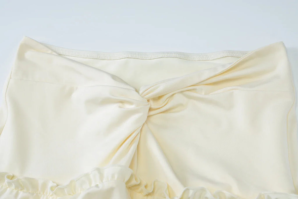 Sexy Elegant Ruched 2 Piece Skirt Set Lace Up Ruffles Patchwork Crop Top Tiered Maxi Skirt Matching Set