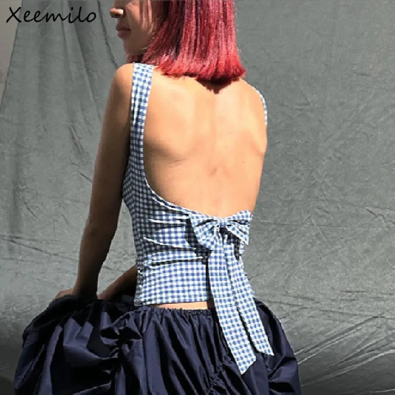 Fashion Bow Backless Tank Top Casual Streetwear Plaid Print Sleeveless Crop Tops Summer Slim Fashion Corsets