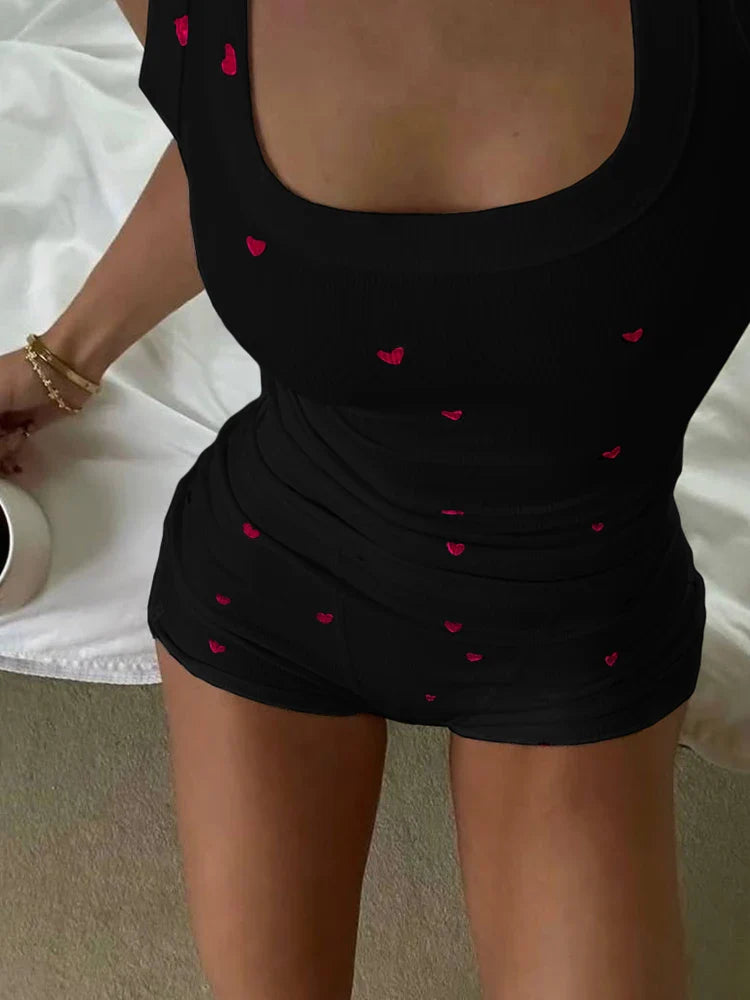 Comfortable Heart Print 2 Piece Set Women Square Collar Sleeveless Crop Tops+Stretch Shorts Sweet Fashion Outfits