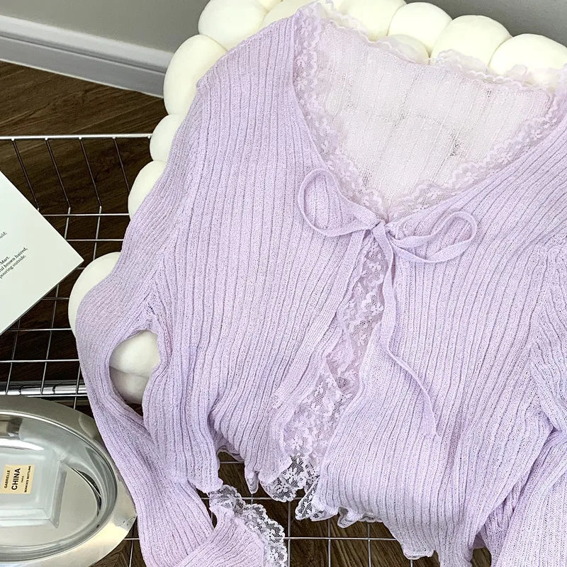 Lace Knitted Cardigans Long Sleeved Short Lace-Up Thin Shawl