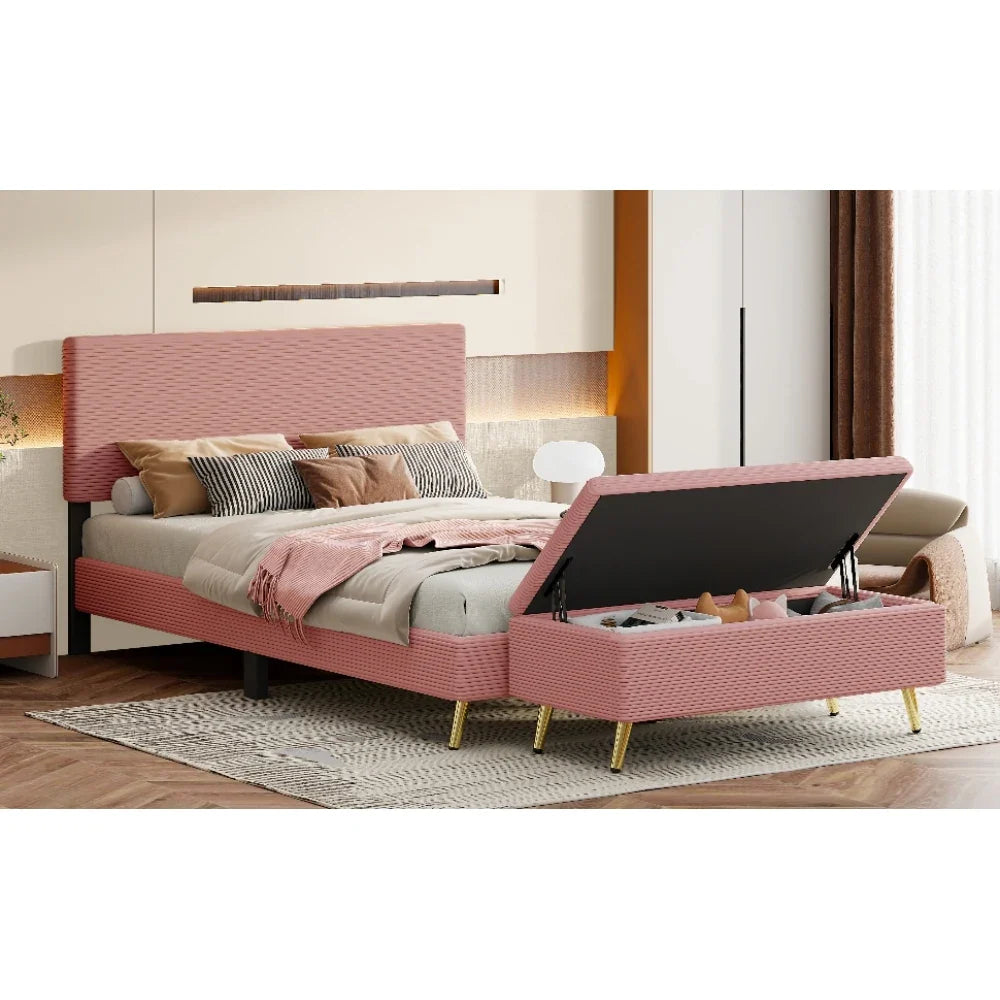 Pink 2 Pieces Bedroom Sets Queen Size Upholstered Bed Frame, Modern Corduroy Storage Ottoman