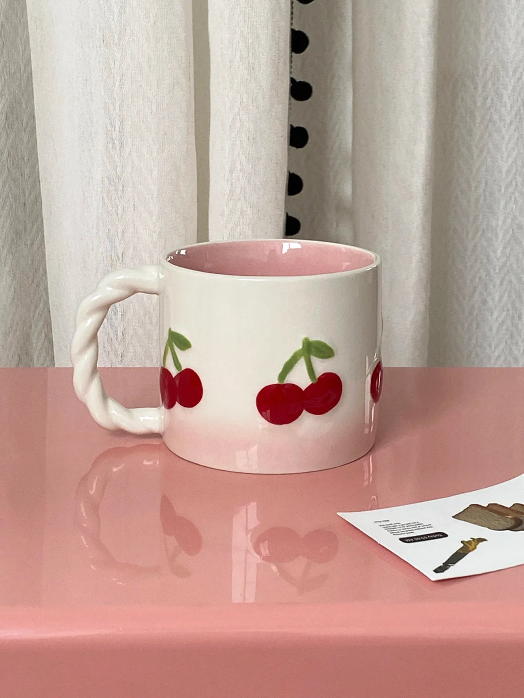 Pink Cherry Ceramic Mug, Twist Handle Ceramic Exquisite Pink Gradient Cup