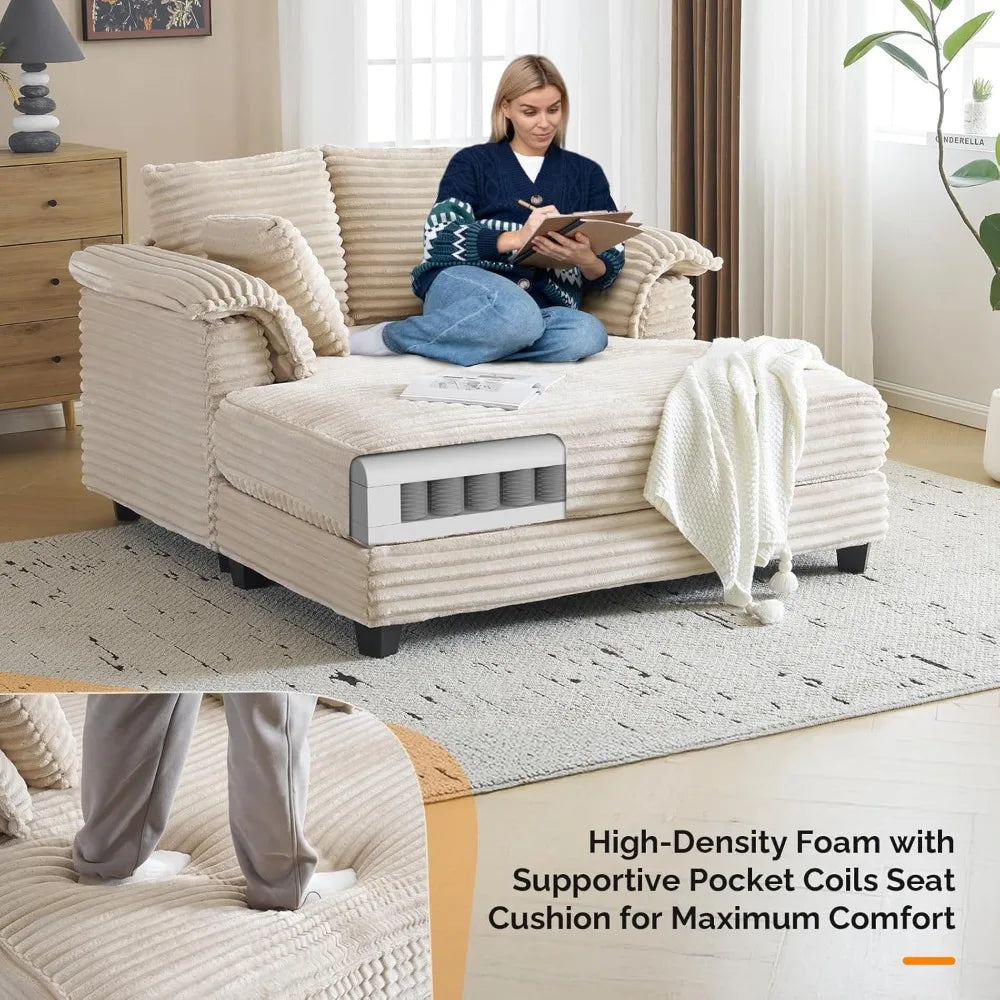 Oversized 56" Chaise Lounge Chair, Beige Comfy Corduroy Chaise Sofa Recliner Bed Upholstered Sleeper Couch Bed with Throw Pillows