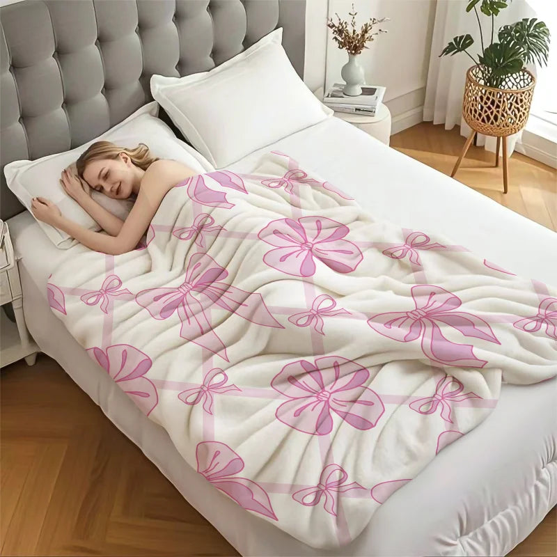Pink Bow Blanket, Flannel Decorative Blanket, Bedding Accessories, Soft Cozy Warm Blanket