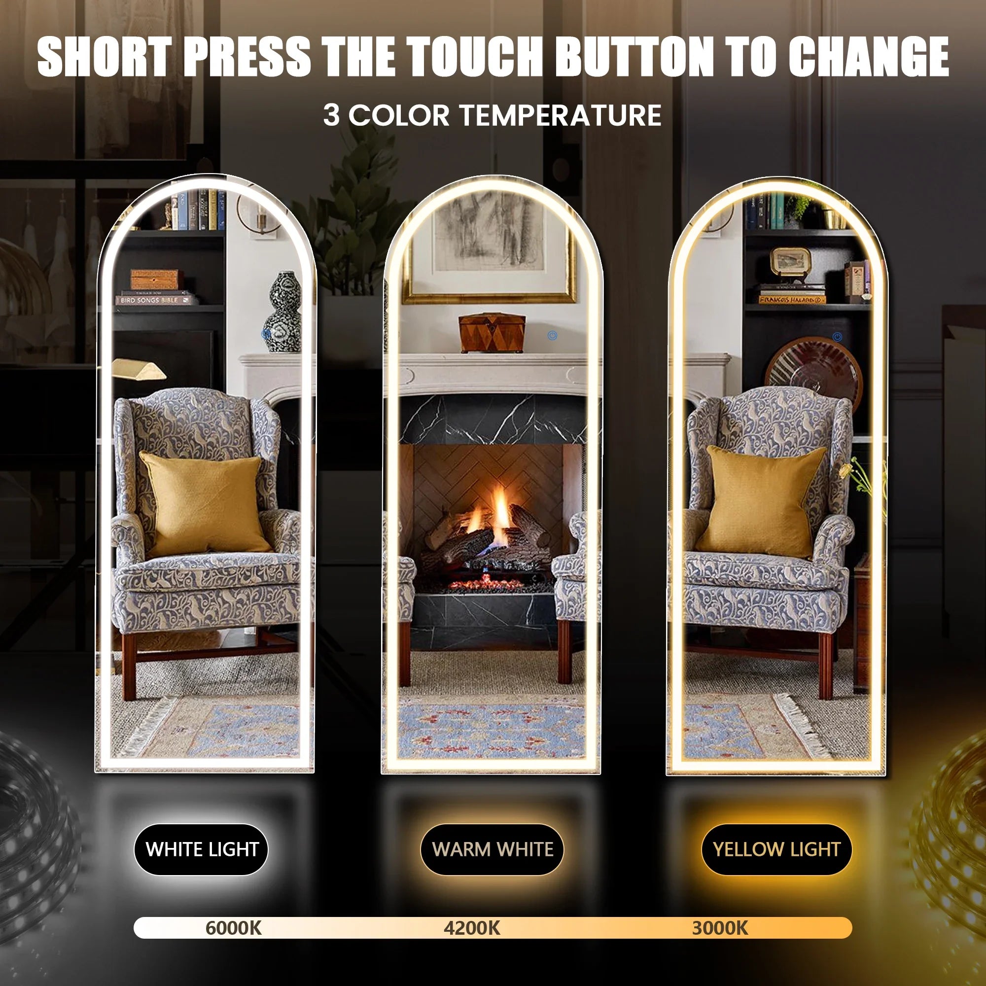 Led Dimming Full Length Mirror 3 Color Lighting Aluminum Alloy Frame Standing Hanging Floor Mirrors For Living Room  60"x16"