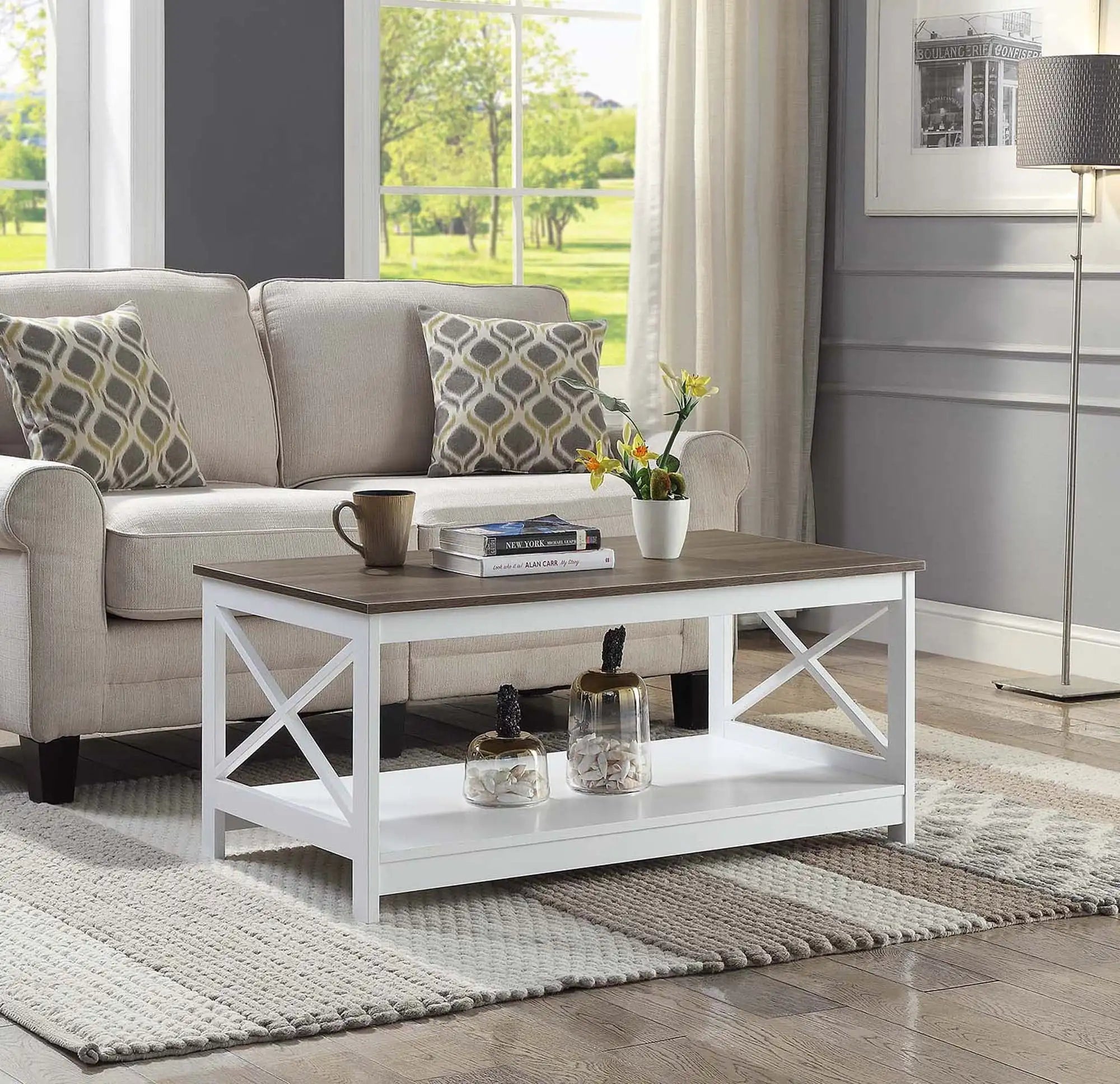 Oxford Coffee Table with Shelf, Transitional & Coastal Style,Two Tiers of Spacious Shelving