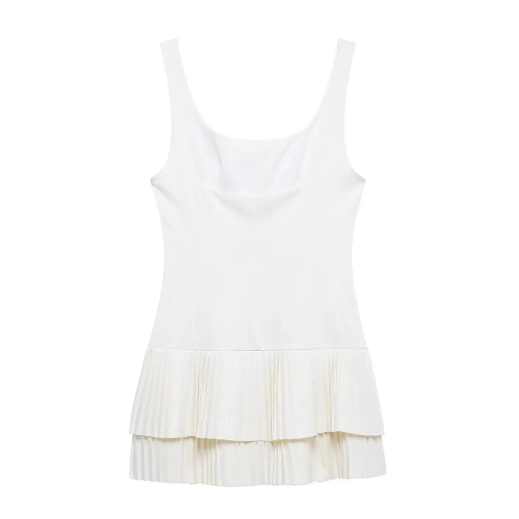 Elegant Women Solid Pleated Mini Dress Square Collar Backless Folds Slim Dress Fashion Sleevelesss