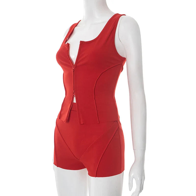 Casual Women 2 Piece Set Stretch Double Zip Tank Tops+Shorts Matching Patchwork Simple Basic Streetwear