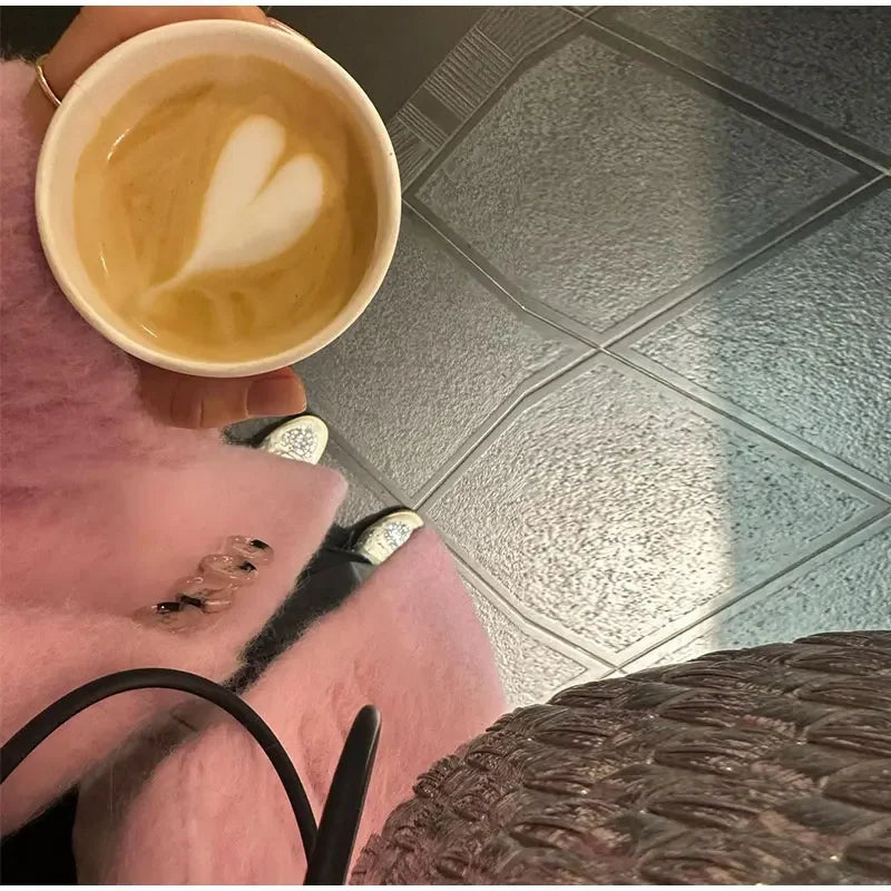 Fashion Woolen Jacket Women Winter V Neck Mohair Buttons Single Breasted Pockets Coat Ladies Office Street Casual Outerwear