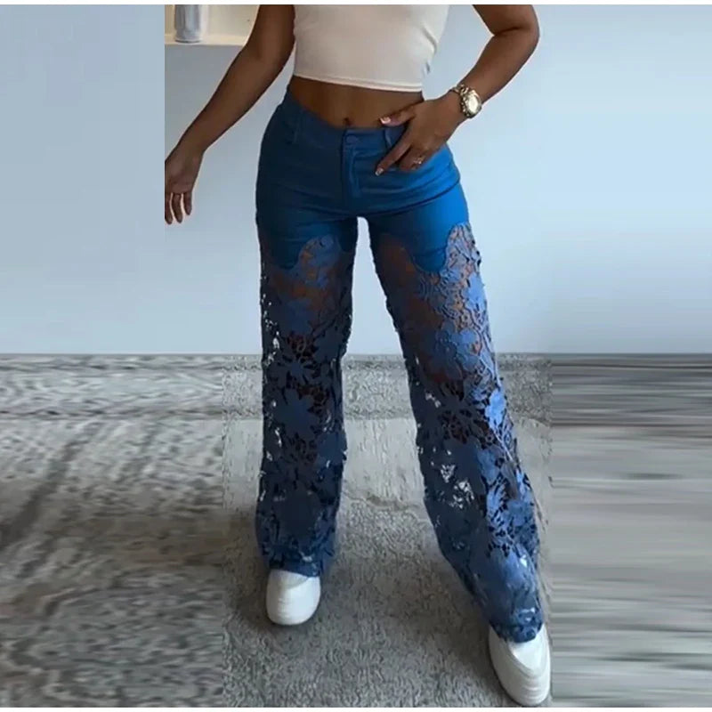 Vintage Hollow Out Lace Flowers Lady Jeans Loose Straight Denim Pants High Street Elegant Summer New Trousers Chic Fashion Pant