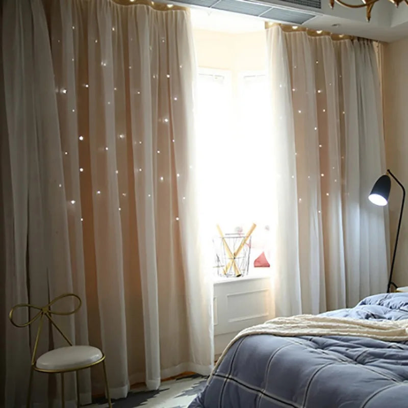 Double-Deck Princess Curtains for Living Room Hollow Stars Lace Curtain for Bedroom Shade Curtain Tulle Cloth