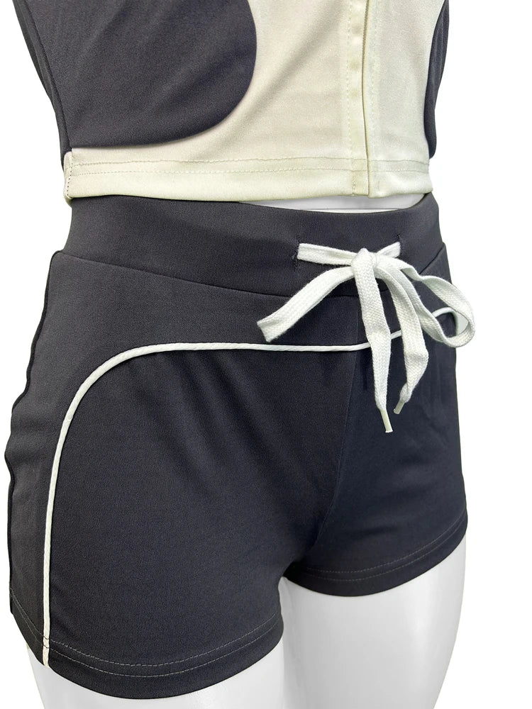 Women Sets Outfit Summer Streetwear Panelled Two Tone Slim Sports Short Sleeve Shorts Suits Zip Crop Tops Casual 2 Two Piece Set