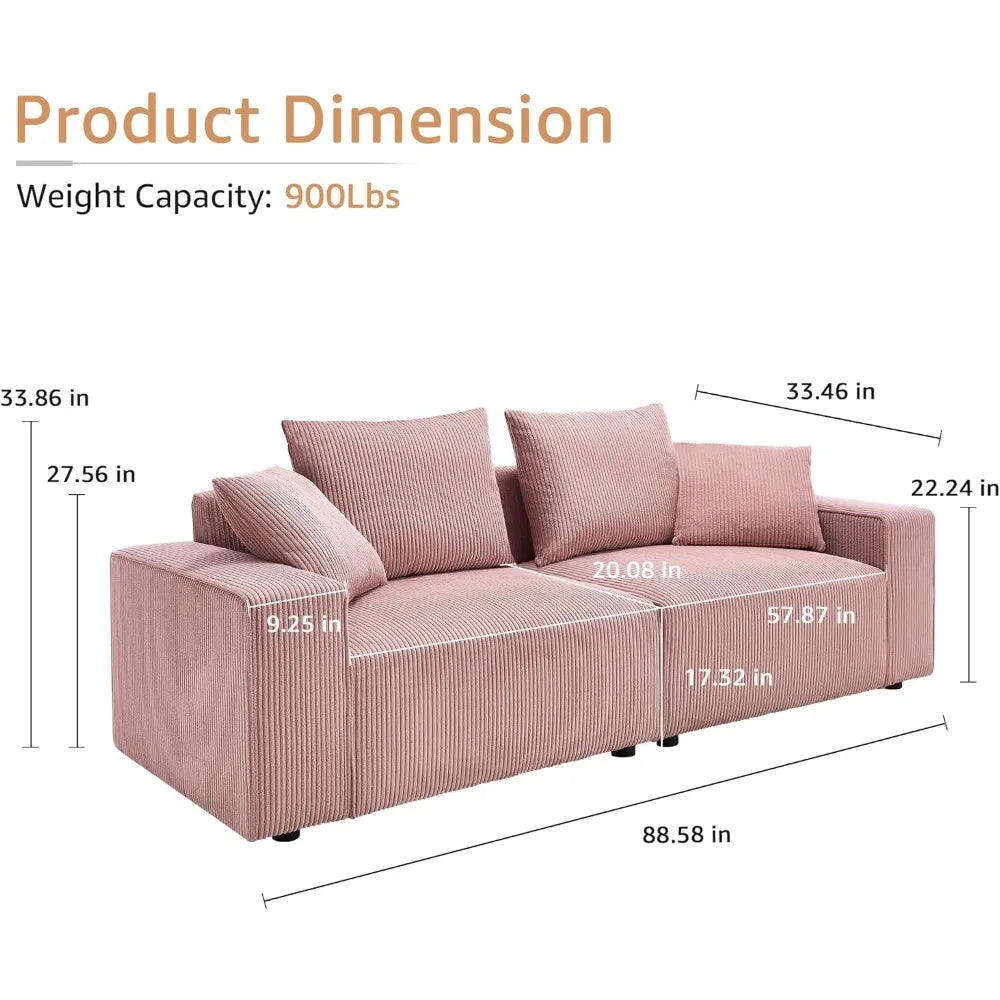 Modern Corduroy Sofa, 88.5 inch Wide, Living Room Couch with Wide Arms, 3-Seater Living Room Couch with Throw Pillows