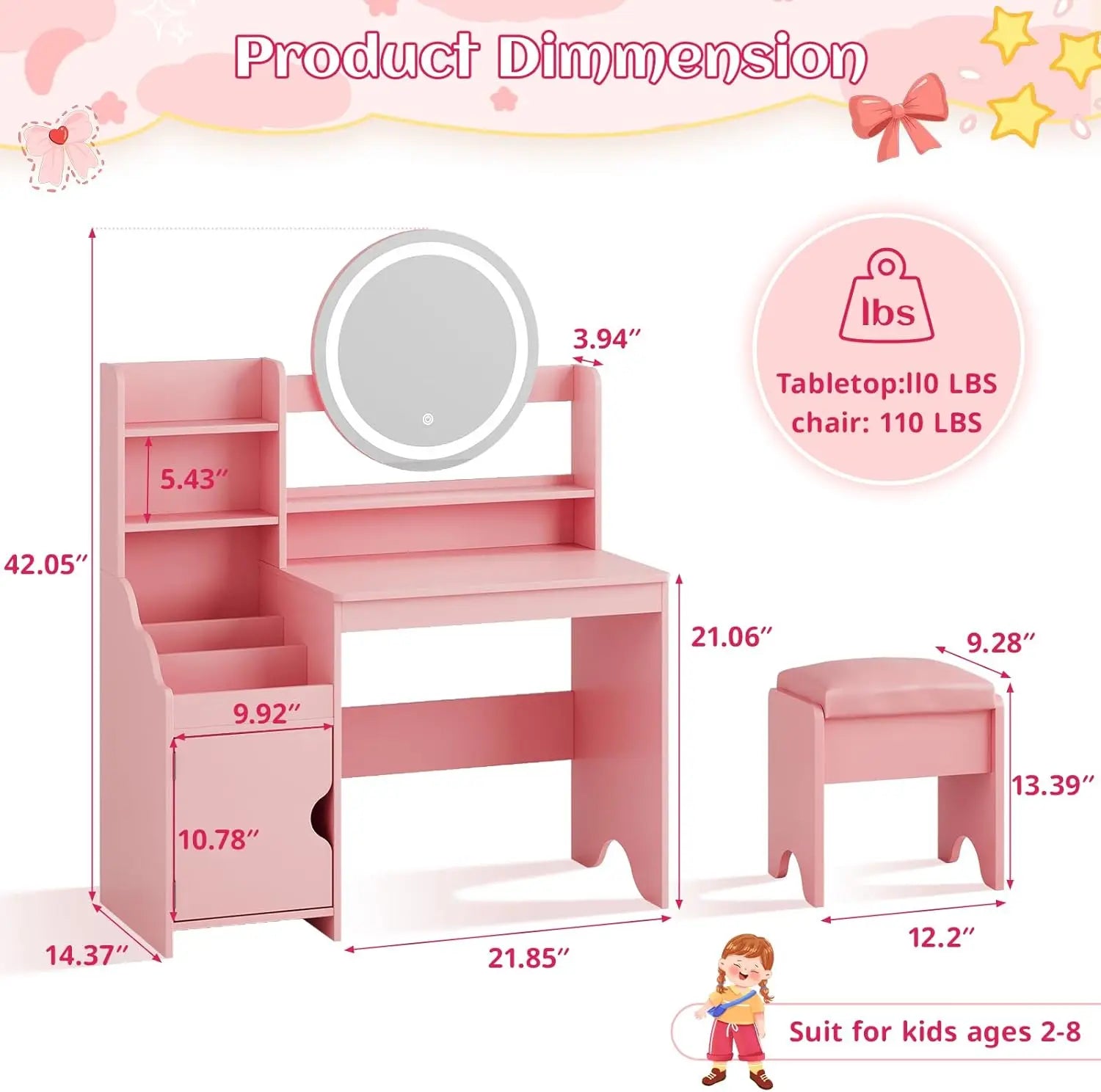 Kids Vanity Desk with Lights Mirror Makeup Vanity Table with Storage Cabinet & Shelves Pink Vanity Set with Chair for Girl