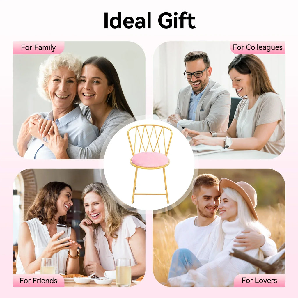 Pink Velvet Makeup Chair with Gold Base 50mm Thick Cushion & Modern Vanity Stool Foldable Backrest Freestanding