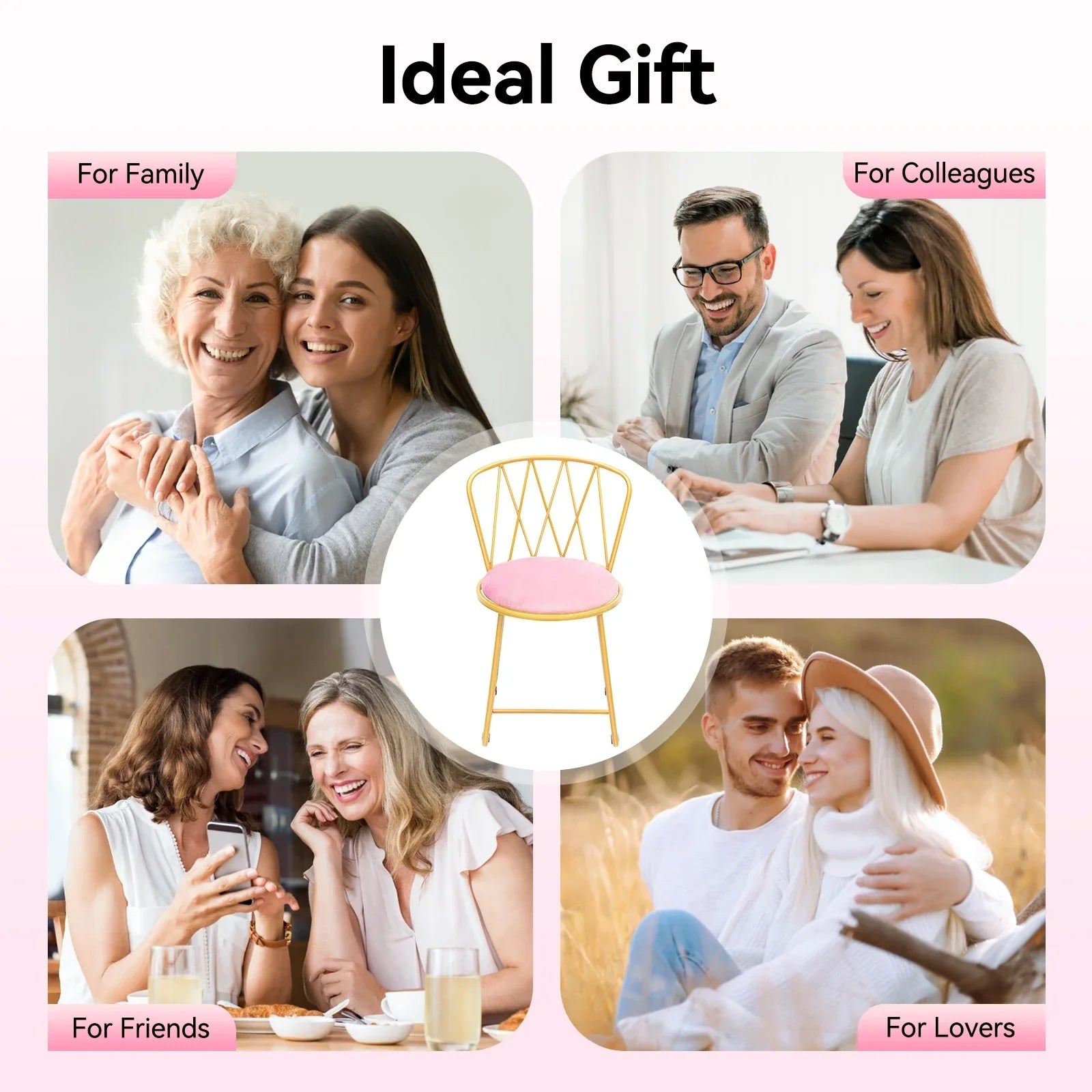 Pink Velvet Makeup Chair with Gold Base 50mm Thick Cushion & Modern Vanity Stool Foldable Backrest Freestanding