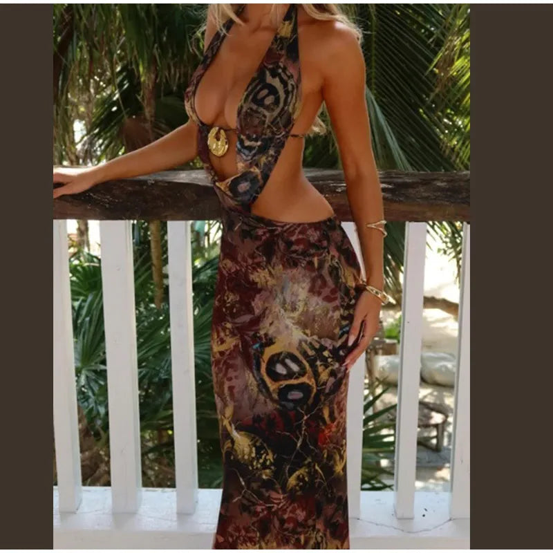Women Sexy Printed Chic Sleeveless Hollow Out Halter Bodycon Mini Dress Ladies