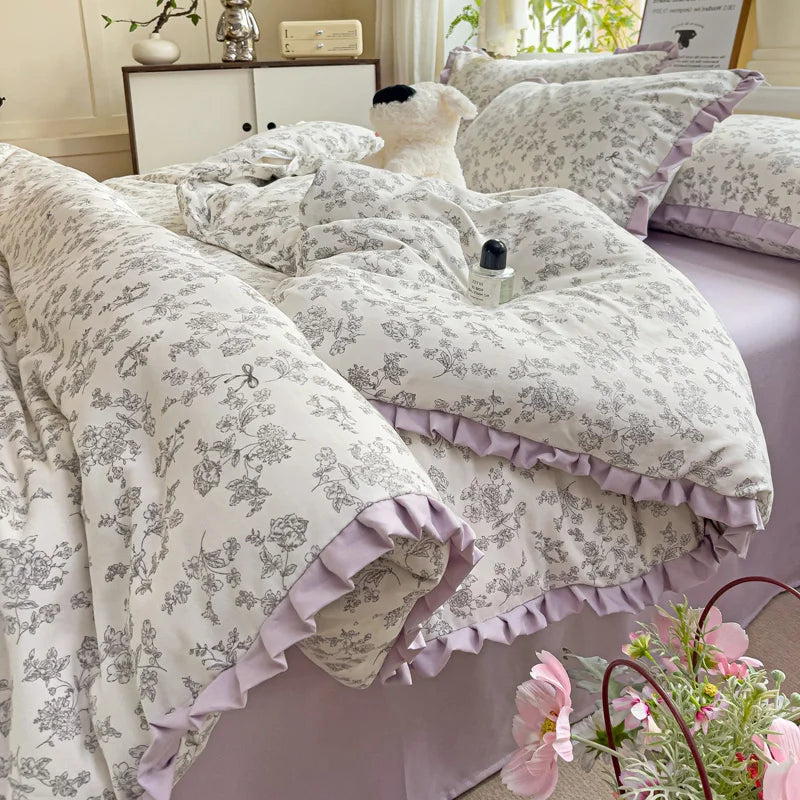 Princess Style Flowers Ruffles Soft Skin-friendly Duvet Cover Set Pillowcases Bedding Set