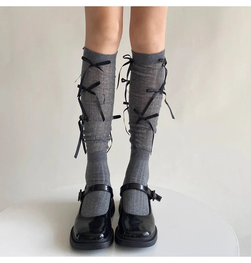 Sweet Lolita Style Stockings Students Fashion Basic Bowknot Knee-high Socks Cotton Fabric Women Mid-calf Sock
