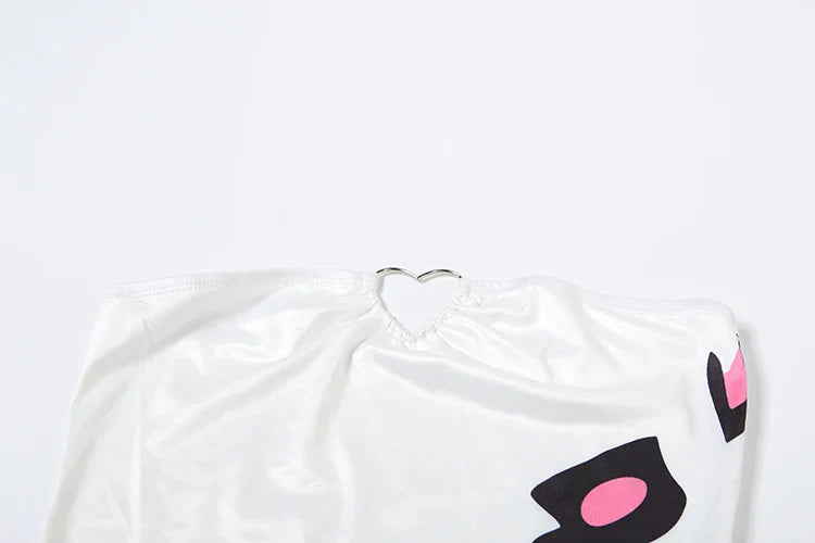 Metal Hearts Strapless Dress Women Fashion Print Sexy Cleavage Backless Skinny Peach Hip Mini Bodycon