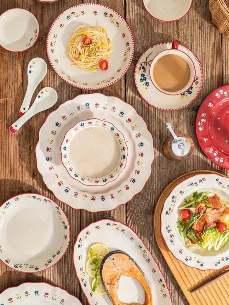 Floral Pattern Soup Bowl Salad Bowl Dish Oval Plate Pastoral Style Dinnerware Table Decoration Kitchen Gadgets Ceramic Tableware