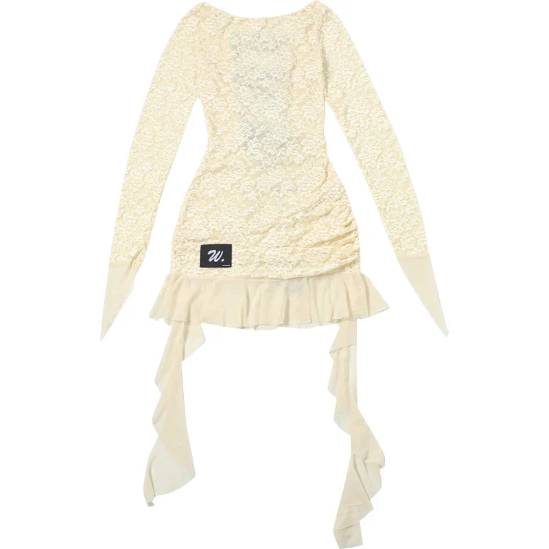 Lace Patchwork Dress Woman Sexy See Through Bandage Backless Ruffles Long Sleeve Irregular Hem Skinny Bodycon