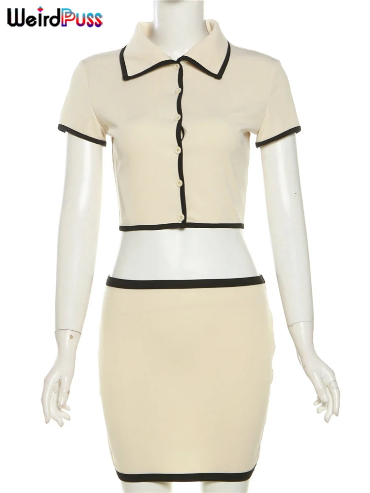 Ribbed Women 2 Piece Set Polo Neck Button Shorts Crop Tops+Mini Skirts Matching Stretch Elegant Streetwear Outfits