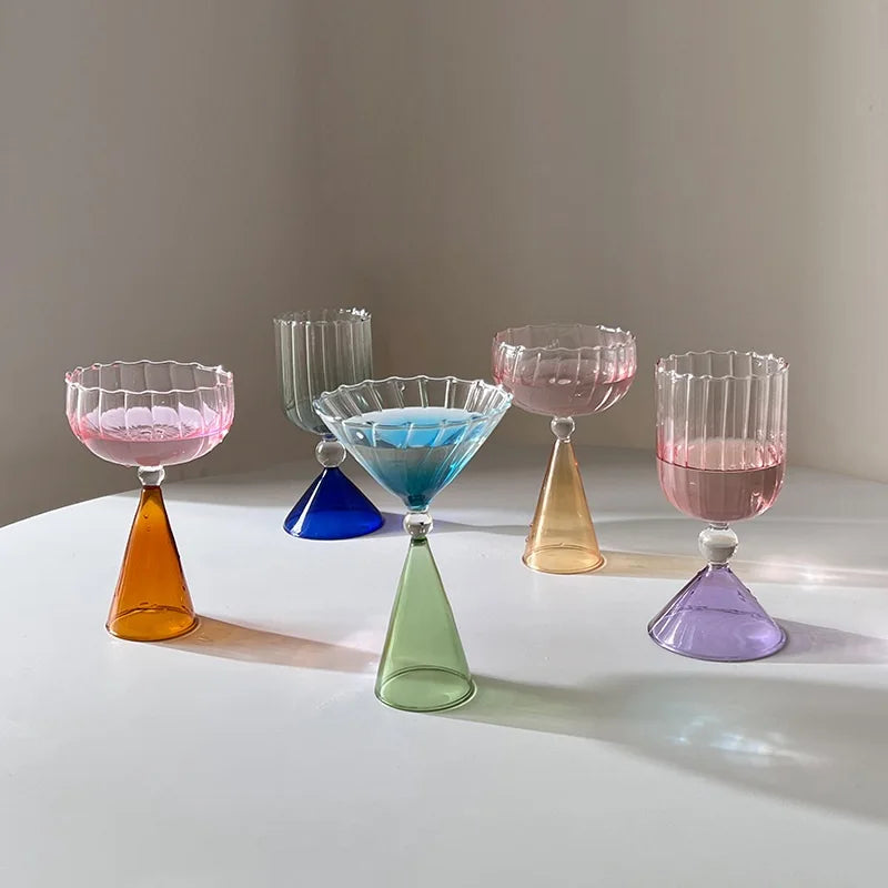 Clear Two Tone Green Blue Amber Purple Colored Ripple Style Martini Mojito Champagne Margarita Cocktail Glasses Goblet Cup