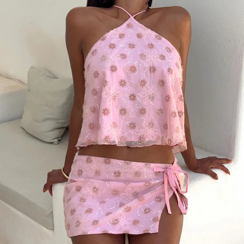 Sexy Halter Tops and Short Skirt Suit Women Fashion Pattern Printed Outfits Split Tie-Up Mini Skirt 2Pc Sets