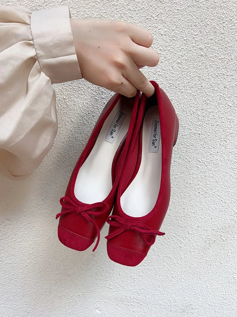 Fashion Elegant Red Ballerinas Women Pumps Slip on Loafers Round Toe Square Heels Bowknot Low Heel Shoes