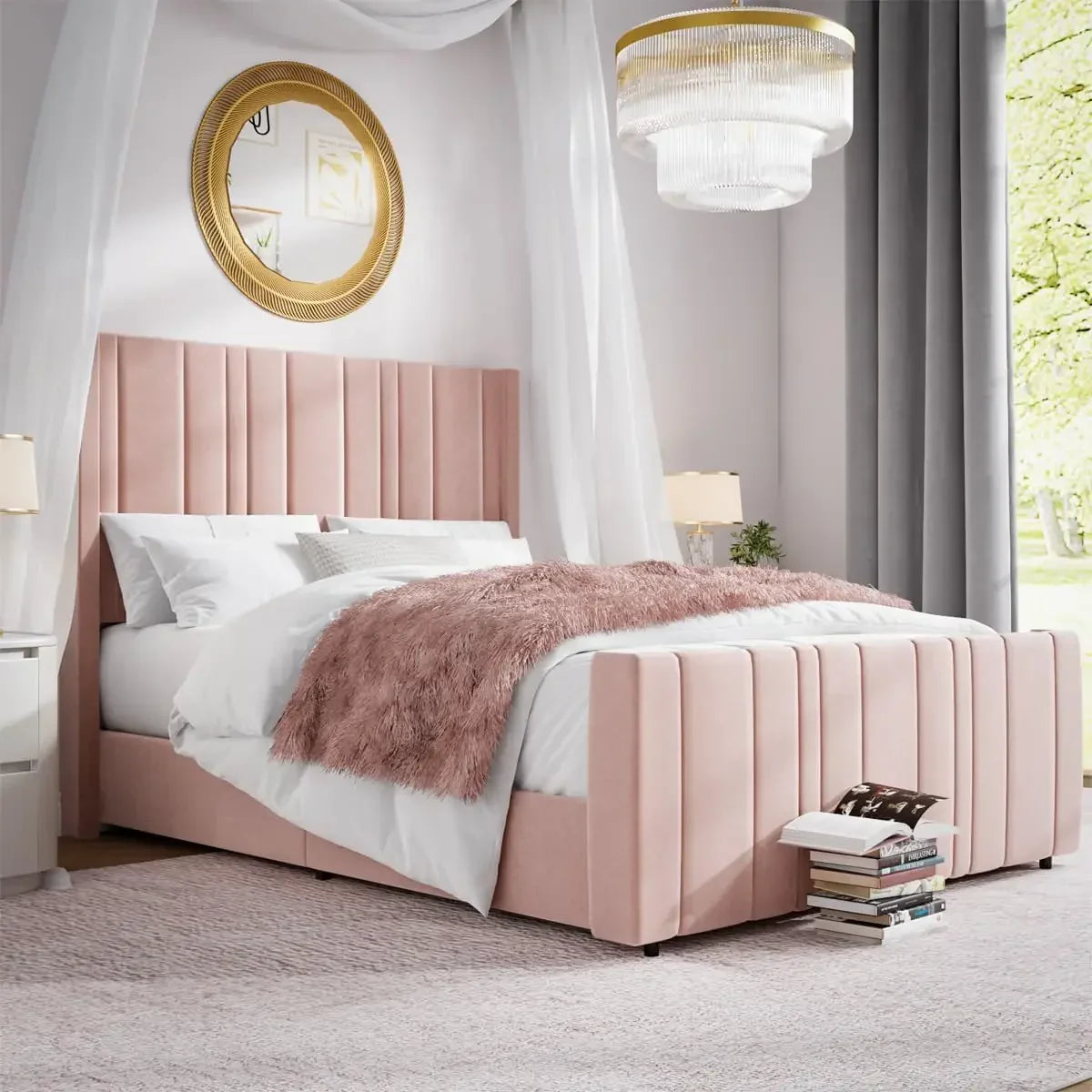 Soft Velvet Upholstered Bed Frame with Vertical Channel Tufted Wingback Headboard & Tall Footboard