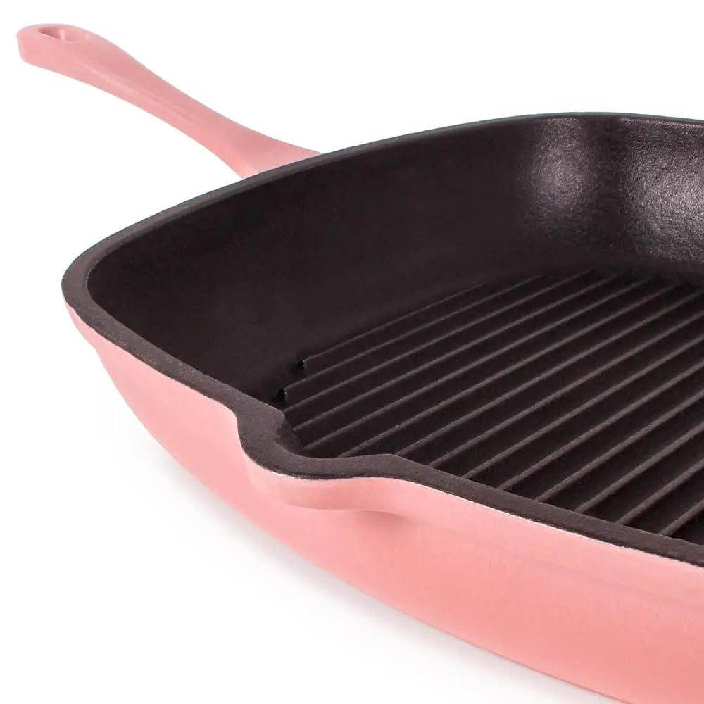 Pink Enameled Cast Iron Cookware Set, Grill Pan 11 Hes, Fry Pan 10 Hes, Oven Safe Up To 400°F, 2Pc