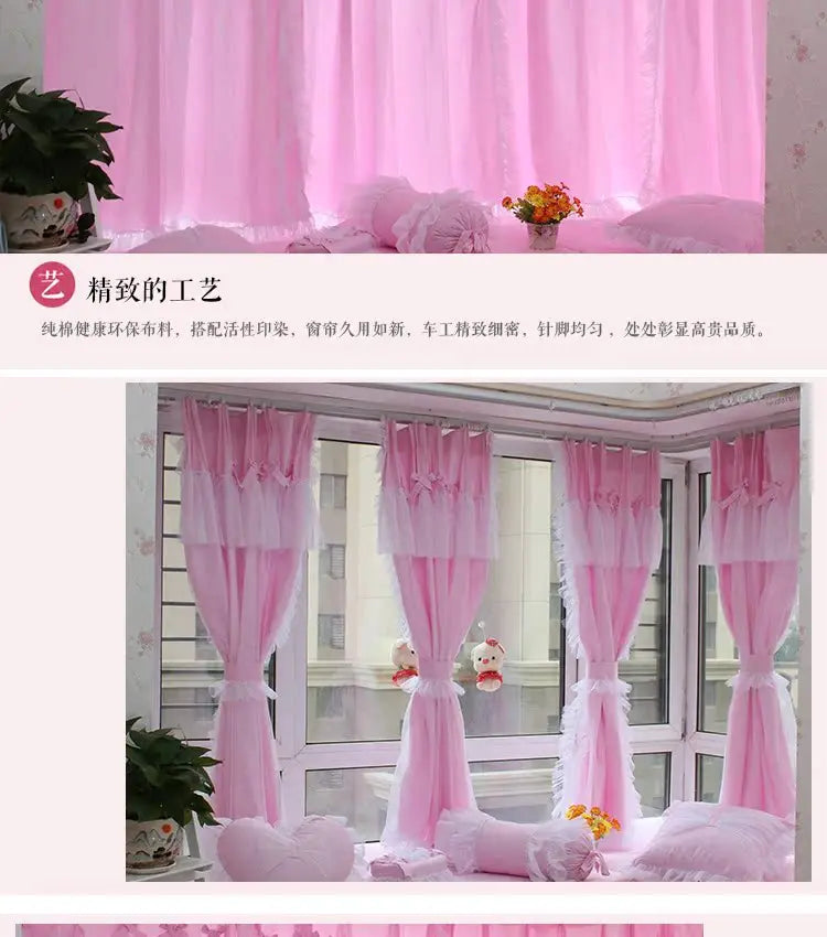 Princess Style Window Curtains, Cotton, Pink Lace, 2 Layer Curtain