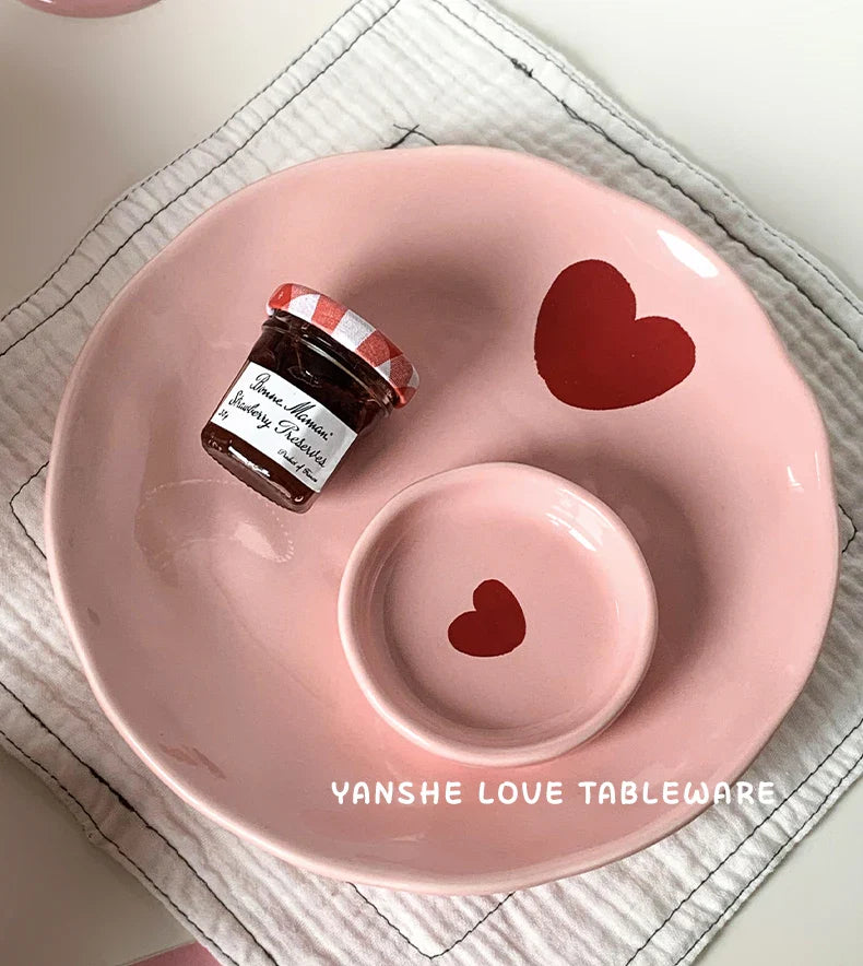 Pink Heart Pattern Ceramic Plate l Cup Bowl Dinner Tableware