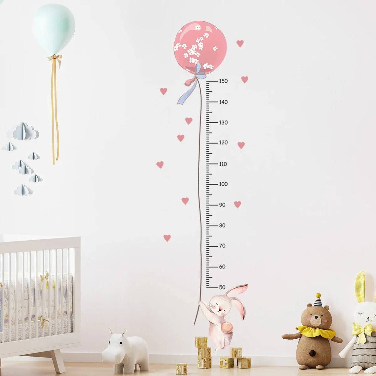 Cartoon Cute Pink Rabbit Balloon Height Measurement Wall Stickers for Kids Room Bedroom Home Decoration Wall Decals 2Pcs