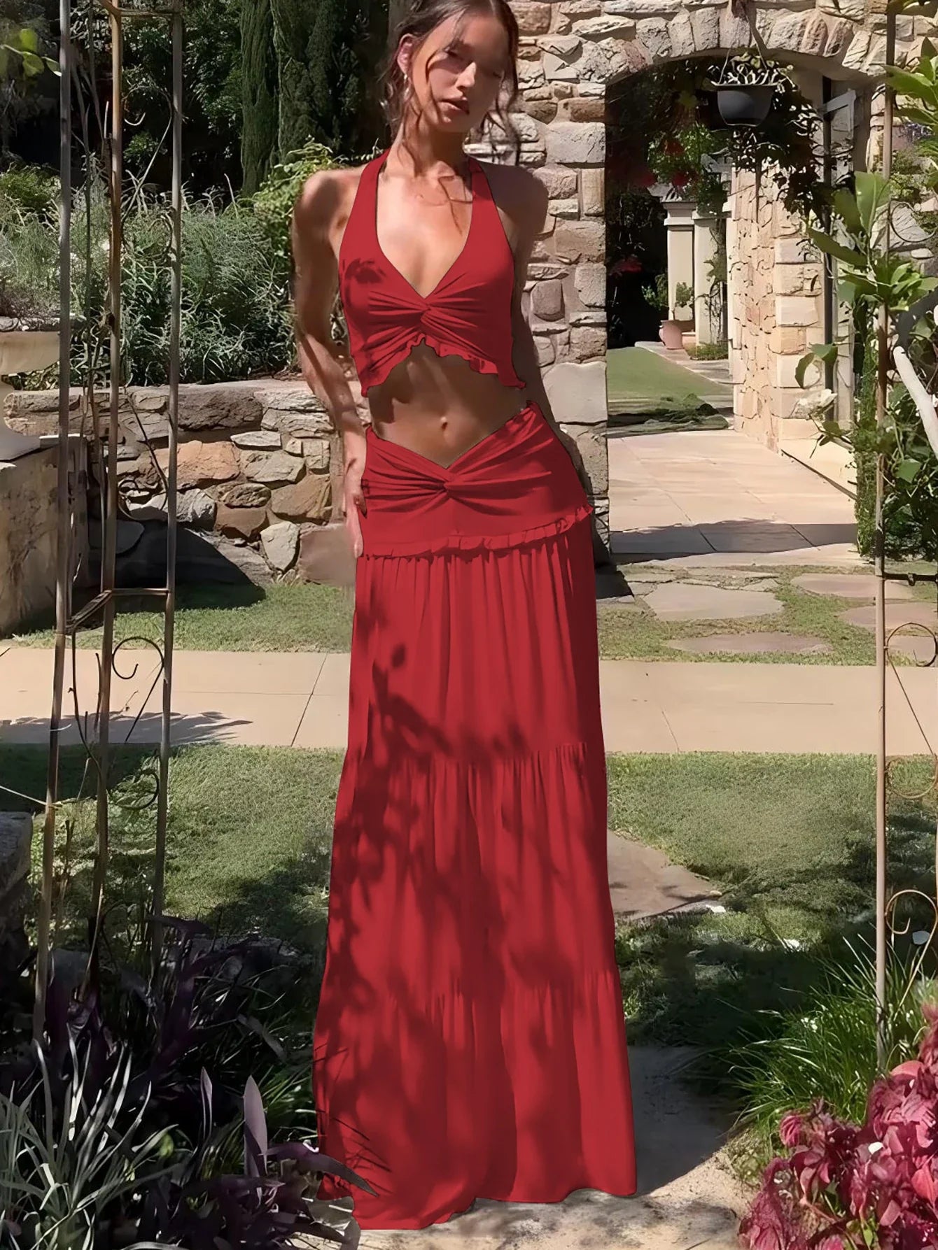 Sexy Elegant Ruched 2 Piece Skirt Set Lace Up Ruffles Patchwork Crop Top Tiered Maxi Skirt Matching Set