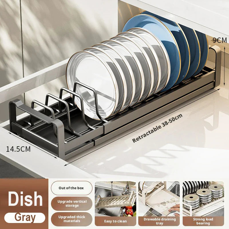 Pull Out Cabinet Dish Storage Rack Stainless Steel Plate Drain Stand Holder Kitchen Drawer Built-in Bowl Rack Basket Organizer
