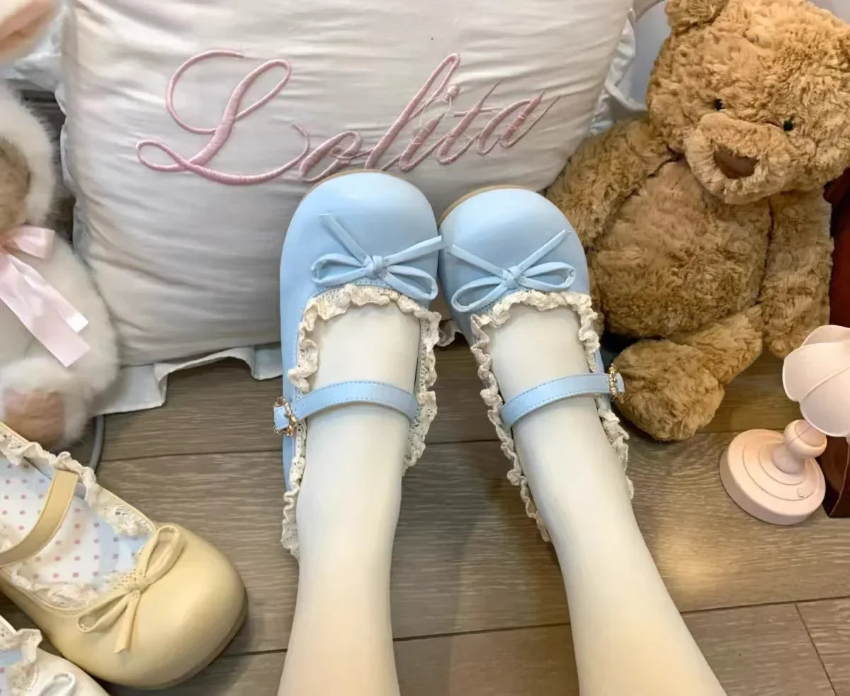 Original Lolita Flat Shoes with Butterfly Knot Soft Bottom Round Head Single Lined Women's High Heel