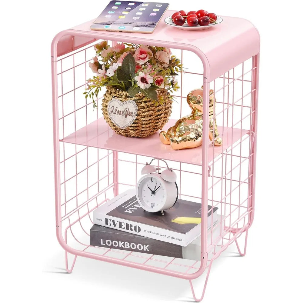 Pink Nightstand,Metal Side Table,3 Tier End Table w/Storage