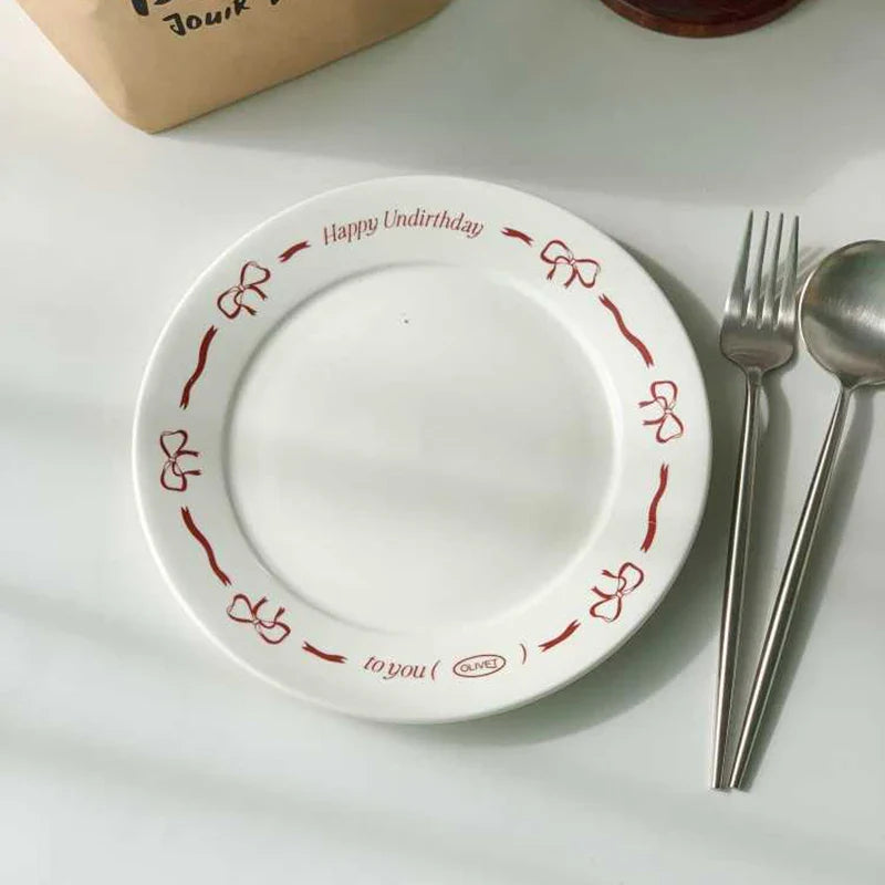 Pink Bow Ceramic Dessert Plate French Vintage Hand-painted Dish