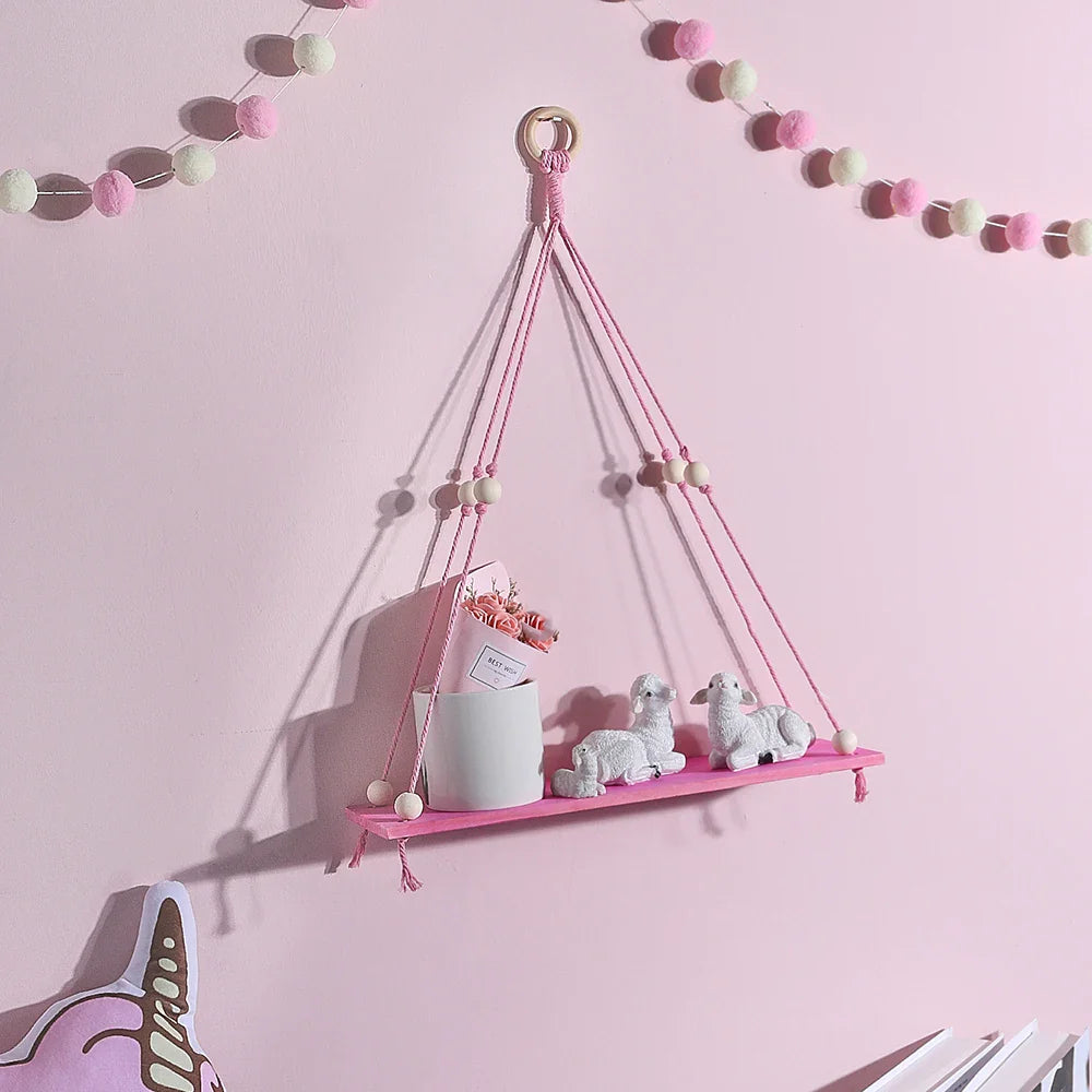 Pink 1/2-tier Hemp Rope Wooden Plant Flower Pot Tray Display Stand Storage Rack Wall Shelves Floating Wall Shelf Home Decoration